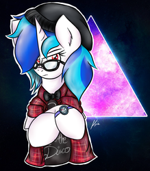 Size: 735x839 | Tagged: safe, artist:kristysk, dj pon-3, vinyl scratch, pony, unicorn, g4, abstract background, band shirt, bandaid, beanie, black hat, black shirt, bowtie, clothes, female, glare, glasses, hat, hipster, horn, jacket, mare, panic! at the disco, plaid, plaid jacket, shirt, solo, t-shirt, watch, wristwatch