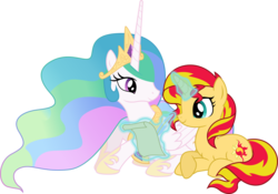 Size: 4288x3000 | Tagged: safe, artist:theshadowstone, princess celestia, sunset shimmer, alicorn, pony, unicorn, g4, duo, duo female, female, levitation, magic, mare, scroll, simple background, transparent background, vector