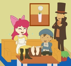 Size: 1024x957 | Tagged: safe, artist:exaspirit, artist:looji, edit, apple bloom, human, g4, barefoot, crossover, feet, humanized, professor layton, stocks, style emulation, tickle torture, tickling