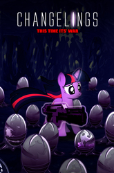 Size: 991x1500 | Tagged: safe, artist:dan232323, twilight sparkle, alien, changeling, g4, egg, gun, m41a pulse rifle, magic, movie poster, parody, pulse rifle, rifle, telekinesis, weapon