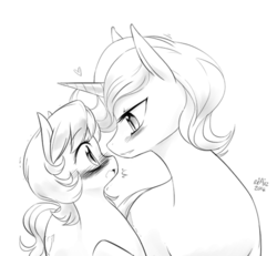 Size: 500x461 | Tagged: safe, artist:reavz, oc, oc only, oc:golden brisk, oc:silver breeze, pony, unicorn, :o, bedroom eyes, blushing, cute, diabetes, embarrassed, eye contact, femboy, gay, goldeeze, grayscale, heart, looking at each other, male, monochrome, open mouth, reverse trap, role reversal, simple background, size difference, trap, white background