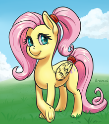 Size: 917x1043 | Tagged: safe, artist:draneas, fluttershy, g4, alternate hairstyle, female, high ponytail, ponytail, solo, tail wrap, underhoof