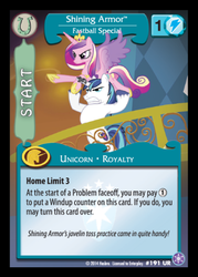 Size: 368x515 | Tagged: safe, enterplay, princess cadance, shining armor, alicorn, pony, unicorn, g4, my little pony collectible card game, the crystal games, card, ccg, epic wife tossing, fastball special, female, male, mare, stallion