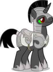 Size: 600x813 | Tagged: safe, artist:blah23z, king sombra, pony, unicorn, g4, colored sclera, green sclera, helmet, hoof shoes, male, recolor, red eyes, royal guard, royal guard armor, saddle, simple background, solo, stallion, tack, transparent background, unicorn royal guard