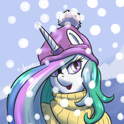 Size: 900x900 | Tagged: dead source, safe, artist:draneas, princess celestia, alicorn, pony, g4, 30 minute art challenge, clothes, female, hat, looking at you, open mouth, snow, snowfall, solo, sweater