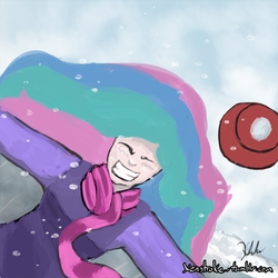 Size: 1000x1000 | Tagged: safe, artist:xenstroke, princess celestia, human, g4, 30 minute art challenge, clothes, coat, eyes closed, female, grin, happy, humanized, scarf, smiling, snow, snowfall, solo