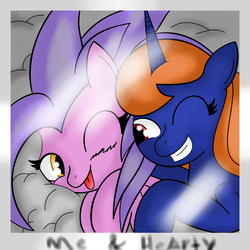Size: 900x900 | Tagged: safe, artist:mytatsur, oc, oc only, bed, hug, oc x oc, picture, smiling, tongue out