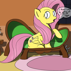 Size: 1200x1200 | Tagged: safe, artist:varemia, angel bunny, fluttershy, g4, couch, dialogue, discord lamp, female, growth, lamp, sitting, solo