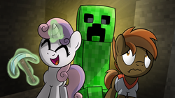Size: 1600x900 | Tagged: safe, artist:drawponies, button mash, sweetie belle, earth pony, unicorn, don't mine at night, g4, colt, creeper, duo focus, eyes closed, female, filly, foal, glowing, glowing horn, horn, jananimations, magic, male, minecraft, open mouth, pickaxe, shadyvox, ship:sweetiemash, shipping, straight, telekinesis, video game