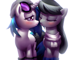 Size: 900x720 | Tagged: safe, artist:moonlitbrush, dj pon-3, octavia melody, vinyl scratch, earth pony, pony, unicorn, fanfic:university days, g4, :o, beanie, bedroom eyes, blushing, boots, clothes, eyes closed, female, hat, imminent kissing, intertwined tails, lesbian, lips, mare, scarf, ship:scratchtavia, shipping