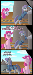 Size: 1081x2426 | Tagged: safe, artist:crispokefan, maud pie, pinkie pie, g4, comic, eyes closed, fourth wall, it runs in the family, minecart, mining, mouth hold, nose in the air, open mouth, panel play, pickaxe, pun, smiling, tumblr, uvula, visual pun