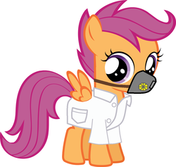 Size: 1081x1024 | Tagged: safe, scootaloo, g4, clothes, factory scootaloo, female, filly, lab coat, looking at you, mask, respirator, simple background, solo, white background