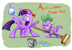 Size: 600x421 | Tagged: safe, artist:nukilik, spike, twilight sparkle, alicorn, dragon, pony, g4, angry, bandana, broom, bucket, cleaning, duo, duo male and female, female, male, mare, soap, twilight sparkle (alicorn)