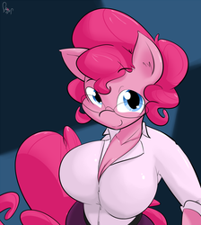 Size: 896x1000 | Tagged: dead source, safe, artist:sanders, pinkie pie, anthro, g4, big breasts, breasts, busty pinkie pie, clothes, female, fetish fridays, glasses, plump, solo