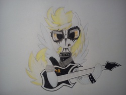 Size: 2592x1944 | Tagged: safe, artist:scratchie, oc, oc only, oc:aria lightningheart, pegasus, pony, angry, collar, corpse paint, eyeshadow, guitar, looking at you, makeup, metal, multicolored hair, solo, spiked collar, spiked wristband, traditional art, wristband
