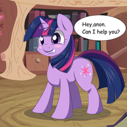 Size: 2000x2000 | Tagged: safe, artist:aryanne, twilight sparkle, g4, blushing, female, high res, library, lip bite, solo, speech bubble