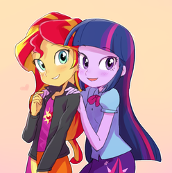 Size: 784x791 | Tagged: source needed, useless source url, safe, artist:baekgup, sunset shimmer, twilight sparkle, equestria girls, g4, my little pony equestria girls: rainbow rocks, blushing, cute, duo, female, friendship, grin, happy, heart, looking at you, open mouth, shimmerbetes, smiling, twiabetes, twilight sparkle (alicorn)