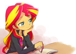 Size: 784x566 | Tagged: source needed, useless source url, safe, artist:baekgup, sunset shimmer, equestria girls, g4, my little pony equestria girls: rainbow rocks, clothes, cute, female, jacket, journal, leather jacket, pen, shimmerbetes, simple background, smiling, solo, table, white background