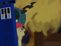 Size: 1024x768 | Tagged: safe, artist:biosonic100, apple bloom, queen chrysalis, g4, doctor who, tardis
