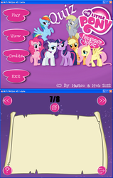 Size: 806x1264 | Tagged: safe, screencap, applejack, derpy hooves, fluttershy, pinkie pie, rainbow dash, rarity, twilight sparkle, pegasus, pony, g4, official, female, mane six, mare, my little pony logo, quiz, software