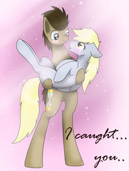 Size: 1024x1365 | Tagged: dead source, safe, artist:foxee773, derpy hooves, doctor whooves, time turner, earth pony, pony, g4, bipedal, blushing, carrying, female, floppy ears, male, ship:doctorderpy, shipping, straight