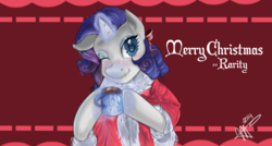 Size: 1280x686 | Tagged: safe, artist:mrscurlystyles, rarity, g4, blackletter, chocolate, christmas, christmas card, coffee mug, female, food, holiday, hot chocolate, merry christmas, mug, solo, wink