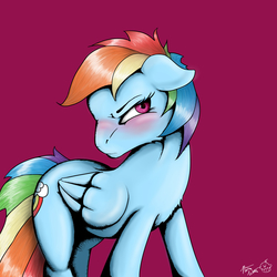 Size: 2400x2400 | Tagged: safe, artist:captainpudgemuffin, rainbow dash, pegasus, pony, g4, blushing, embarrassed, female, floppy ears, fluffy, frown, glare, grumpy, grumpy dash, looking at you, solo