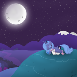 Size: 2048x2048 | Tagged: safe, artist:zonra, princess luna, sweetie belle, g4, eyes closed, high res, moon, night, s1 luna, stars, wing blanket