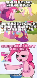 Size: 500x1039 | Tagged: safe, screencap, fluttershy, pinkie pie, g4, cereal guy, image macro, meme, physics, pink text