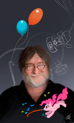 Size: 1024x1686 | Tagged: dead source, safe, artist:colorfullinside, pinkie pie, earth pony, pony, g4, balloon, brony, confetti, crossover, gabe newell, glados, happy birthday, meme, party horn, portal (valve), team fortress 2, valve