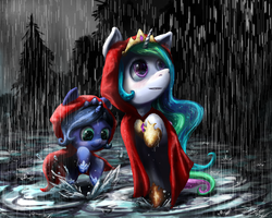 Size: 1500x1200 | Tagged: safe, artist:lilac-skye, princess celestia, princess luna, g4, clothes, cute, filly, rain, sisters, water, woona
