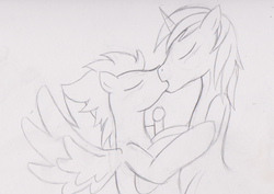 Size: 1349x953 | Tagged: safe, artist:mytatsur, shining armor, soarin', pegasus, pony, unicorn, g4, adultery, duo, gay, infidelity, kiss on the lips, kissing, male, misleading thumbnail, monochrome, request, ship:soarin' armor, shipping, sketch, stallion, when you see it, wip