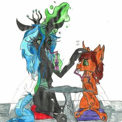 Size: 1024x1022 | Tagged: dead source, safe, artist:goremistress, queen chrysalis, oc, oc:poisoned soul, changeling, changeling queen, g4, canon x oc, changelingified, chrysalislover, female, shipping, traditional art