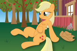 Size: 8889x5985 | Tagged: safe, artist:destinytails, applejack, earth pony, pony, g4, absurd resolution, apple, apple tree, female, mare, rake, solo, tree