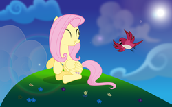 Size: 7111x4444 | Tagged: safe, artist:destinytails, fluttershy, bird, g4, absurd resolution, cloud, cloudy, sitting