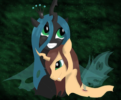 Size: 1448x1200 | Tagged: safe, artist:mrbutlerman, queen chrysalis, oc, oc:poisoned soul, changeling, changeling queen, g4, canon x oc, changelingified, chrysalislover, female, shipping