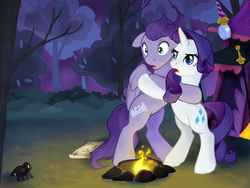 Size: 1024x768 | Tagged: safe, rarity, oc, oc:kydose, pegasus, pony, spider, unicorn, g4, camping, canon x oc, female, fire, horn, hug, male, mare, raridose, scared, shipping, stallion, straight, tent