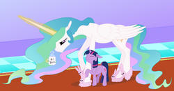 Size: 1325x700 | Tagged: safe, artist:bri-sta, artist:pageturner1988, princess celestia, twilight sparkle, alicorn, pony, unicorn, g4, #1 teacher, bedroom slippers, bunny slippers, clothes, coffee mug, colored, cute, eyes closed, female, filly, filly twilight sparkle, floppy ears, frown, hug, magic, majestic as fuck, mare, momlestia, morning ponies, mug, number one, number one teacher, slippers, smiling, telekinesis, tired, twiabetes, unicorn twilight, younger