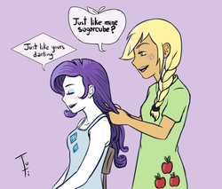 Size: 1024x874 | Tagged: safe, artist:tutiwakalaka, applejack, rarity, equestria girls, g4, braid, female, humanized, lesbian, ship:rarijack, shipping