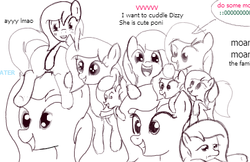 Size: 405x262 | Tagged: safe, artist:woox, oc, oc only, oc:dizzy cream, blushing, clone, flockmod, looking at you, smiling, stack, text, tired