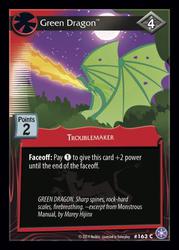 Size: 372x520 | Tagged: safe, enterplay, reginald, dragon, g4, my little pony collectible card game, the crystal games, card, ccg, fire, fire breath, green dragon, holes in wings, spread wings, wings