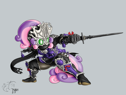 Size: 1600x1200 | Tagged: safe, artist:melancholy, sweetie belle, anthro, g4, crossover, dagger, female, final fantasy, final fantasy xiv, ninja, simple background, solo, sword, weapon