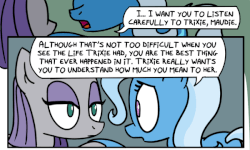 Size: 600x359 | Tagged: safe, artist:foudubulbe, maud pie, trixie, pony, unicorn, comic:damp rocks, g4, comic, eye contact, female, gif, holding hooves, lesbian, mare, non-animated gif, open mouth, ship:mauxie, shipping, wide eyes