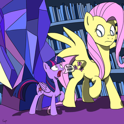 Size: 1200x1200 | Tagged: safe, artist:varemia, fluttershy, twilight sparkle, alicorn, pony, g4, dialogue, female, growth, library, mare, open mouth, spread wings, twilight sparkle (alicorn), twilight's castle