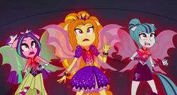 Size: 1278x686 | Tagged: safe, screencap, adagio dazzle, aria blaze, sonata dusk, equestria girls, g4, my little pony equestria girls: rainbow rocks, fin wings, floppy ears, movie, ponied up, sleeveless, the dazzlings, welcome to the show