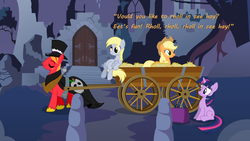 Size: 960x540 | Tagged: safe, edit, applejack, big macintosh, derpy hooves, twilight sparkle, earth pony, pony, g4, castle of the royal pony sisters, dialogue, halloween, hay ride, implied lesbian, implied shipping, implied twijack, male, spooky, stallion, suitcase, wagon, young frankenstein