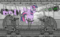 Size: 320x200 | Tagged: safe, artist:snecy, twilight sparkle, alicorn, gynoid, pony, robot, robot pony, g4, animated, assembly line, clone, factory, female, mare, non-looping gif, twibot, twilight sparkle (alicorn), youtube link