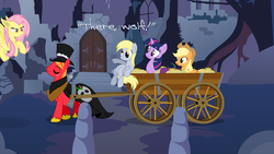 Size: 960x540 | Tagged: safe, edit, applejack, big macintosh, derpy hooves, fluttershy, twilight sparkle, earth pony, pony, g4, castle of the royal pony sisters, flutterbat, male, stallion, suitcase, wagon, young frankenstein