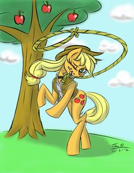 Size: 989x1280 | Tagged: safe, artist:django90, applejack, earth pony, pony, g4, apple, bipedal, clothes, cloud, cloudy, cowboy hat, female, hat, lasso, outdoors, rope, solo, stetson, tree, vest