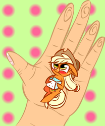 Size: 1549x1860 | Tagged: safe, artist:mushroomcookiebear, applejack, g4, blushing, cute, female, hand, in goliath's palm, jackabetes, micro, solo, sugarcube, tiny ponies